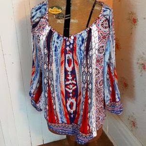 Valerie Stevens print and lace flowy blouse.